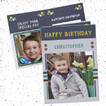 Happy Birthday Grandson Besttag Foto Name grau Karte<br><div class="desc">Grandson Geburtstagskarte. Fügen Sie zwei Fotos,  Name und Nachricht hinzu. In Grün,  Gelb,  Grau,  Streifen und Punkten. Das beste Kind aller Zeiten.</div>