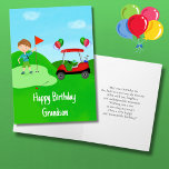 Happy Birthday Grandson Boy Golfer auf Golfplatz Karte<br><div class="desc">Diese golfbezogene Geburtstagskarte für Enkel ist ein Loch in one! Es ist perfekt für einen kleinen Golfspieler geeignet und verfügt über einen hellen, roten Golfwagen mit bunten Ballons, einen lustigen Geburtstagskuchen mit Golfball und einen kleinen Jungen Golfer, der bereit ist, auf das Grün zu setzen.</div>