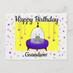 Happy Birthday, Grandson, Cute Space Alien Postkarte<br><div class="desc">This birthday postcard for a grandson has my digital drawing of a purple flying saucer with a green space alien inside. The space alien is on a background of colorful stars with hanging stars on each side. You can change the text to make this postcard suitable for anyone. Other birthday...</div>