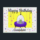 Happy Birthday, Grandson, Cute Space Alien Postkarte<br><div class="desc">This birthday postcard for a grandson has my digital drawing of a purple flying saucer with a green space alien inside. The space alien is on a background of colorful stars with hanging stars on each side. You can change the text to make this postcard suitable for anyone. Other birthday...</div>