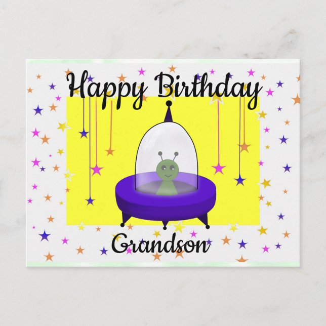 Happy Birthday, Grandson, Cute Space Alien Postkarte (Vorderseite)