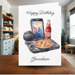 Happy Birthday Grandson Gaming und Pizza Karte<br><div class="desc">Eine niedliche Aquarell-Glücksspiel- und Snack-Geburtstagskarte für einen Enkel. Eine ai-Illustration eines Videospielers,  einer Limonade,  Pommes Frites und Pizza,  und all das,  was Jungs mögen,  auf der Vorderseite der Karte. Einen phantastischen Tag im Inneren. Sie können einen Namen im personalize-Bereich hinzufügen.</div>