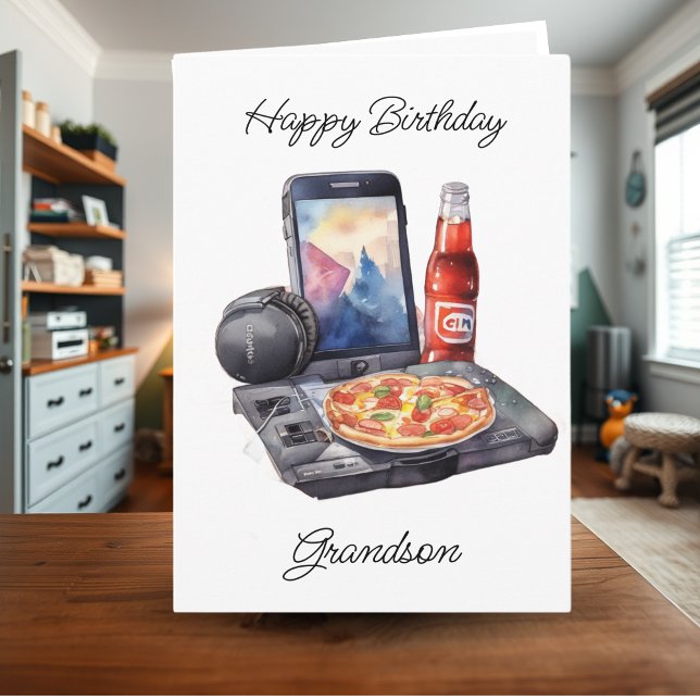 Happy Birthday Grandson Gaming und Pizza Karte (Von Creator hochgeladen)