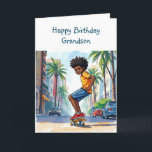 Happy Birthday Grandson | Junge auf dem Fahrrad in Karte<br><div class="desc">Niedliche personalisierte Geburtstagskarte für einen Enkel. Afroamerikanischer Junge,  der mit dem Fahrrad die Straßen der Stadt durchquert.</div>