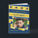 Happy Birthday Grandson Marine und Gold Foto Karte<br><div class="desc">Personalisieren Sie diese Geburtstagskarte für Ihren in der Marine und Gold designten Grandson Fügen Sie seinen Namen Happy Birthday zu einer besonderen Grandson Haben Sie einen schönen Tag</div>