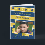 Happy Birthday Grandson Marine und Gold Foto Karte<br><div class="desc">Personalisieren Sie diese Geburtstagskarte für Ihren in der Marine und Gold designten Grandson Fügen Sie seinen Namen Happy Birthday zu einer besonderen Grandson Haben Sie einen schönen Tag</div>
