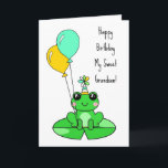 Happy Birthday Grandson | Niedlicher Frosch Karte<br><div class="desc">Geburtskarte. Personalisierte Geburtstagskarte mit niedlichem Frosch auf einem Lilienpolster in einem Geburtstagshut mit Ballons.</div>