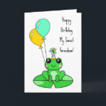 Happy Birthday Grandson | Niedlicher Frosch Karte<br><div class="desc">Geburtskarte. Personalisierte Geburtstagskarte mit niedlichem Frosch auf einem Lilienpolster in einem Geburtstagshut mit Ballons.</div>