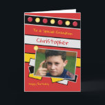 Happy Birthday Grandson rot-schwarzes Foto Karte<br><div class="desc">Personalisieren Sie diese Geburtstagskarte für Ihren Enkel in rot,  schwarz,  gelb und grau Fügen Sie seinen Namen Happy Birthday Zu einem besonderen Grandson Einen schönen Tag</div>