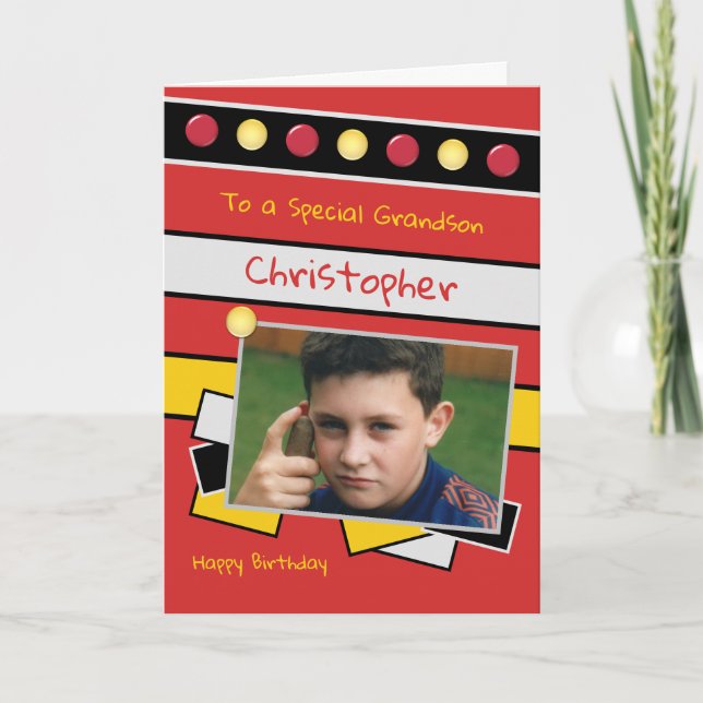 Happy Birthday Grandson rot-schwarzes Foto Karte (Vorderseite)