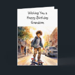 Happy Birthday Grandson | Skateboarder Karte<br><div class="desc">Niedliche personalisierte Geburtstagskarte für einen Jungen. Boy Skateboarden die Straße hinunter. Niedlich für eine Teenagerin oder eine Teenagerin.</div>
