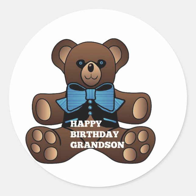 Happy Birthday Grandson Teddybear Runder Aufkleber (Vorderseite)