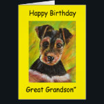 Happy Birthday Great Grandson<br><div class="desc">Malerei auf niedlichen kleinen Terrier mit gelber Grenze und die Nachricht "Happy Birthday Great Grandson".</div>