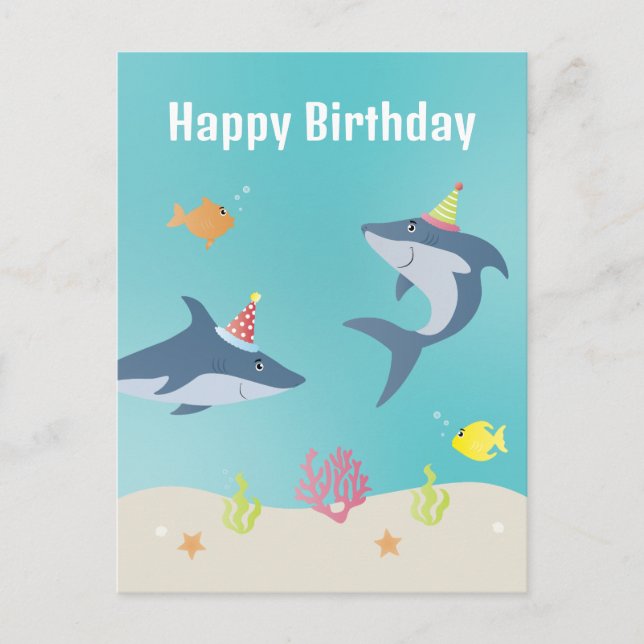 Happy Birthday Great White Shark Cartoon Postkarte (Vorderseite)