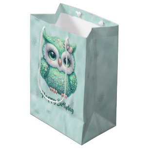 Happy Birthday Green Owl on Green Mittlere Geschenktüte