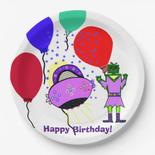 Happy Birthday Green Robot Pink Lila Raumschiff Pappteller