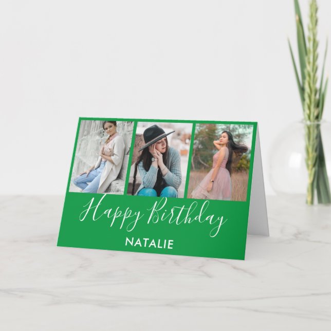 Happy Birthday Green und White 3 Foto Collage Karte (Vorderseite)