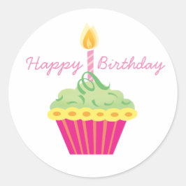 Happy Birthday Green Yellow and Pink Cupcake Runder Aufkleber