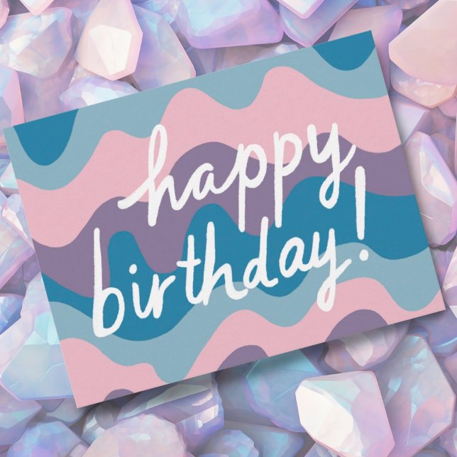 HAPPY BIRTHDAY Groovy Colorful Wavy Streifen Postkarte (Pretty purple and blue birthday postcard! Add your own text to the back side, )