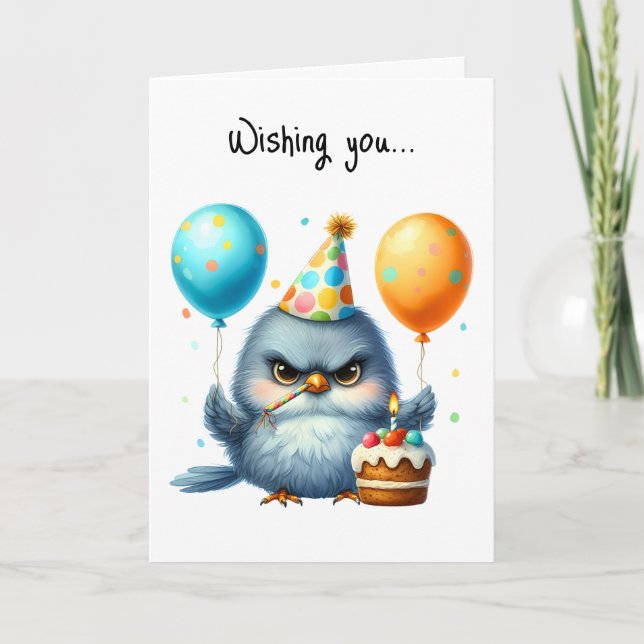 Happy Birthday Grumpy Bird Cake Balloons Karte (Vorderseite)