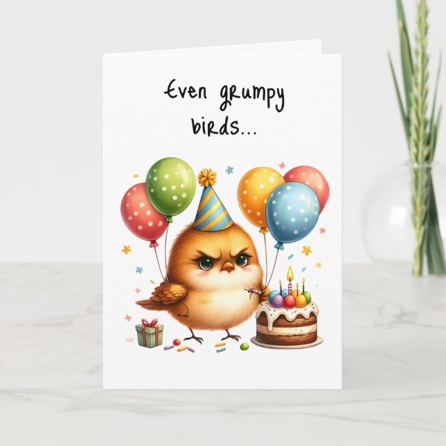 Happy Birthday Grumpy Bird Cake Candles Party Hat Karte (Vorderseite)