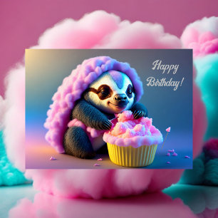 Happy Birthday Grußkarte, Faultier in Zuckerwatte Postkarte