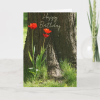 Happy Birthday Grußkarte mit roten Tulpen