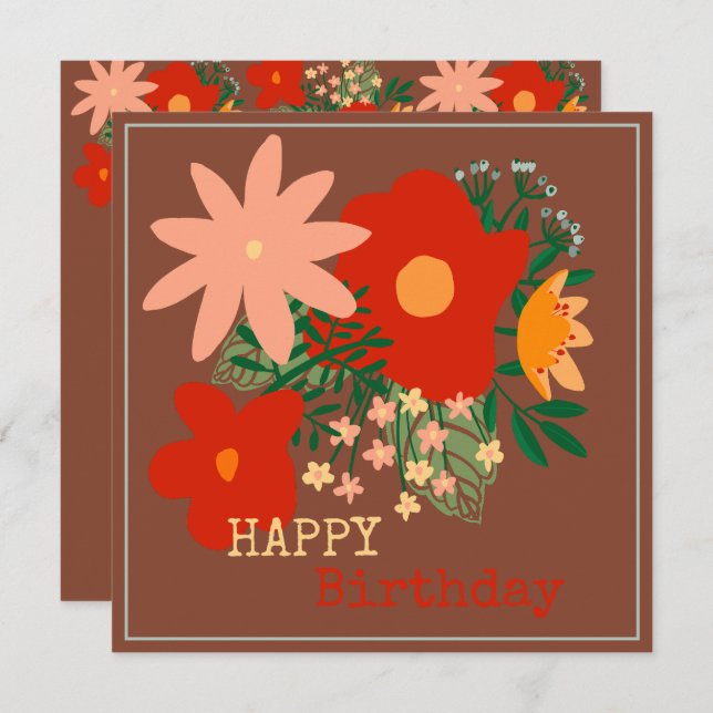 HAPPY Birthday Grußkarte Original Blume braun Einladung (Vorne/Hinten)