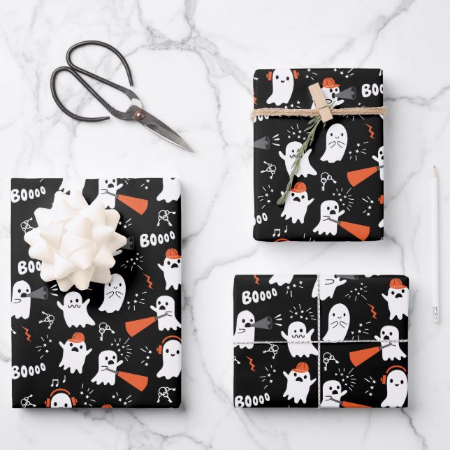 Happy Birthday Halloween Niedlich Ghost Pattern Geschenkpapier Set (Vorderseite)