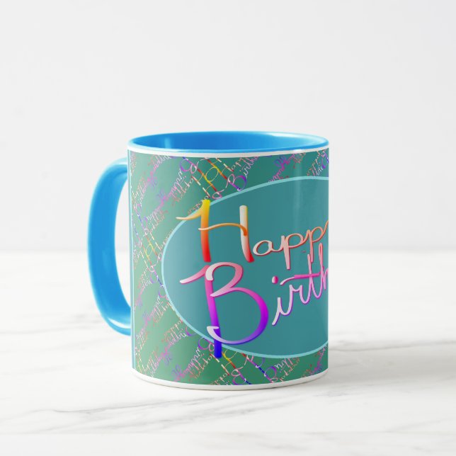 "Happy Birthday" Handgeschriebene Tasse (Vorderseite Links)