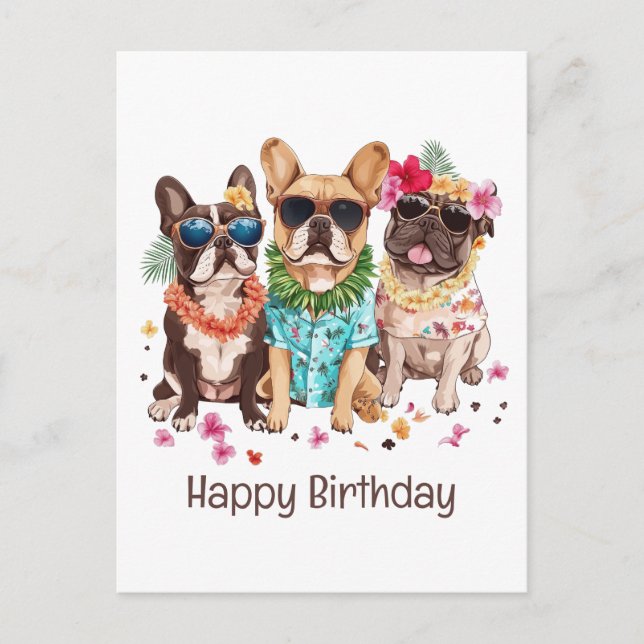 Happy Birthday Hawaiian French Bulldogs Blume Lei Postkarte (Vorderseite)