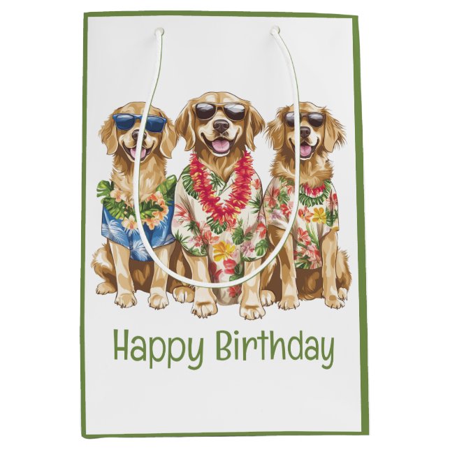Happy Birthday Hawaiian Golden Retriever Dogs Mittlere Geschenktüte (Vorderseite)