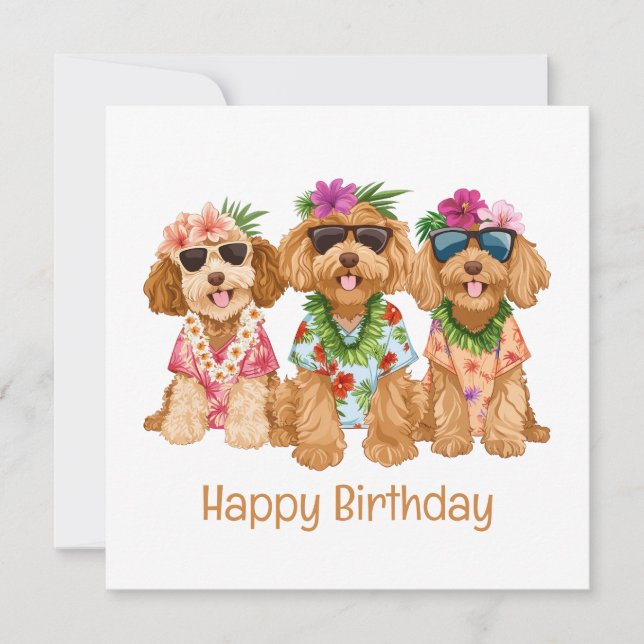 Happy Birthday Hawaiian Goldendoodle Hunde Karte (Vorderseite)