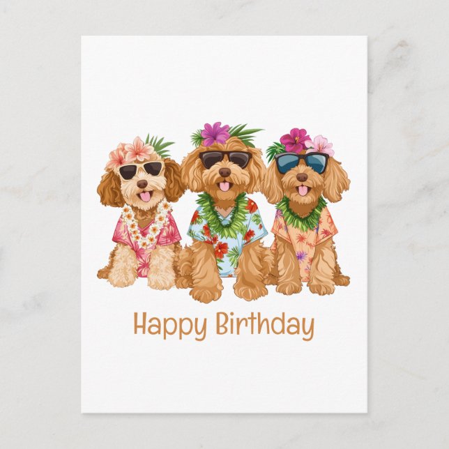 Happy Birthday Hawaiian Goldendoodle Hunde Postkarte (Vorderseite)