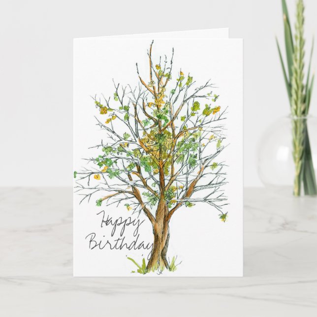 Happy Birthday Herbstbaum Pen und Tinte Zeichnend Karte (Vorderseite)