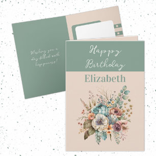 Happy Birthday hinzufügen Name boho floralgrün Karte