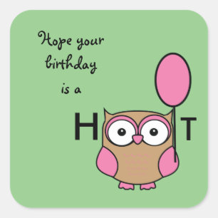 Happy Birthday Hoot Owl Pink und Tan Quadratischer Aufkleber