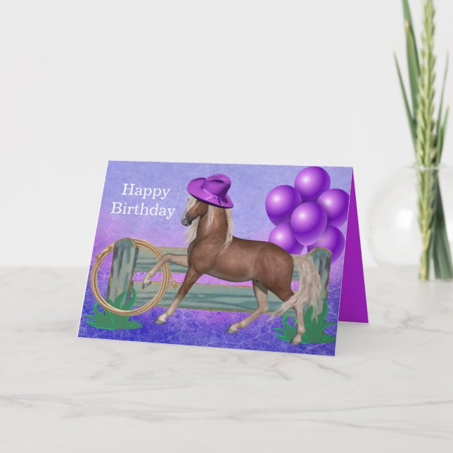 Happy Birthday Horse mit Lila Hut und Balloons Karte (Vorderseite)