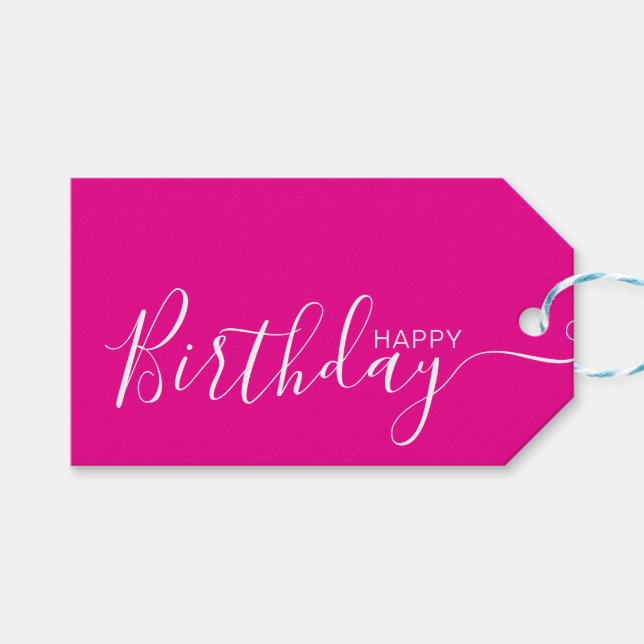 Happy Birthday Hot Pink White Modern Geschenkanhänger (Vorderseite (Horizontal))