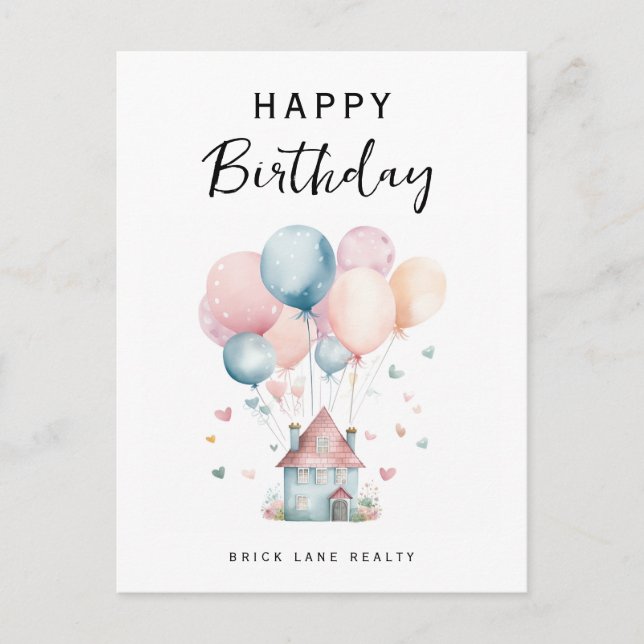 Happy Birthday House Balloons Realty Postkarte (Vorderseite)