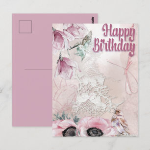 Happy Birthday Hummingbird Lavendel Postkarte