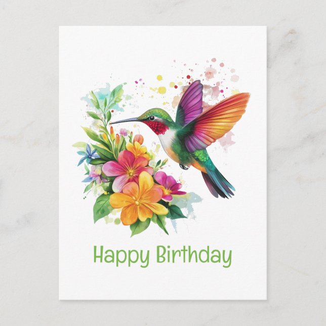 Happy Birthday Hummingbird Tropical Blume Postkarte (Vorderseite)