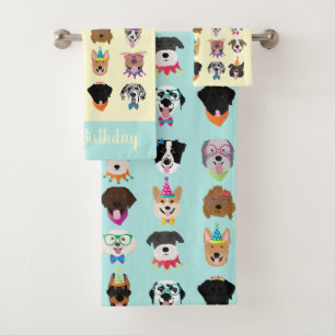 Happy Birthday Hund Faces Pawty Animals Badhandtuch Set