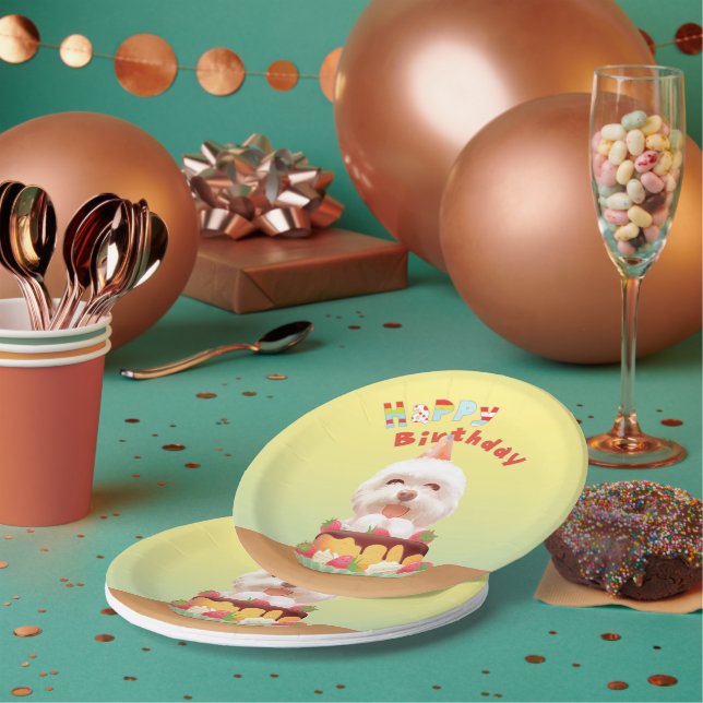 Happy Birthday Hund mit Kuchen Pappteller (Multi)