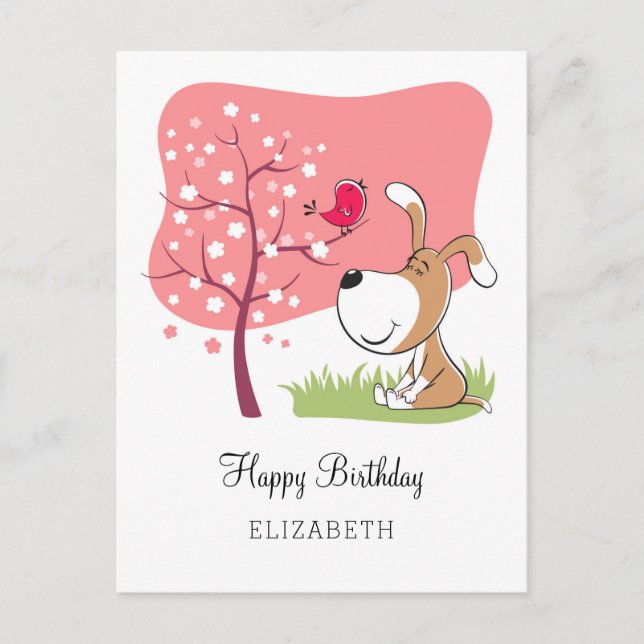 Happy Birthday Hund Welpe Bird Blume Blühen Rosa Postkarte (Vorderseite)