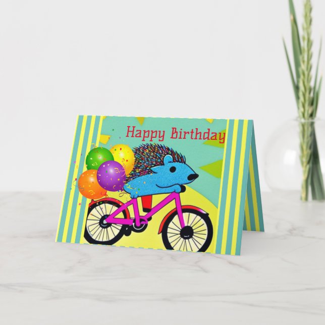 Happy Birthday Igel Reiten Bicycle Balloons Dankeskarte (Vorderseite)