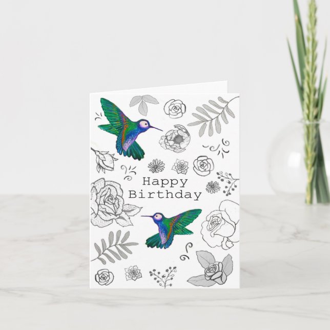 Happy Birthday Illustriert Floral Hummingbird Card Karte (Vorderseite)