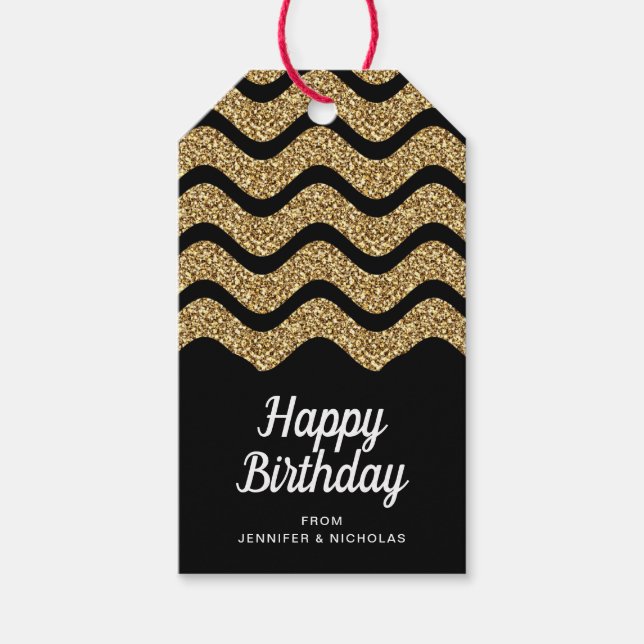 Happy Birthday Imitate Gold Glitzer Black Geschenkanhänger (Vorderseite)