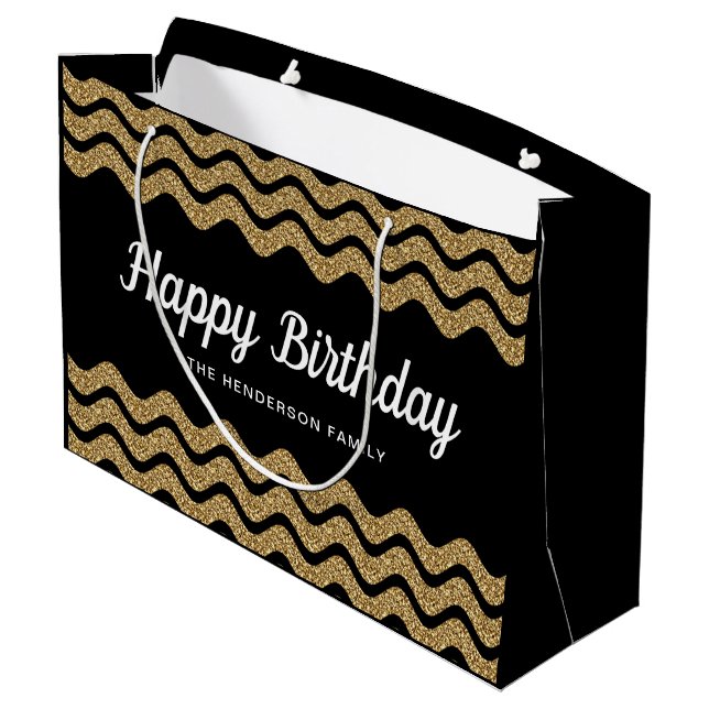 Happy Birthday Imitate Gold Glitzer Black Stripes Große Geschenktüte (Rückseite Schrägansicht)