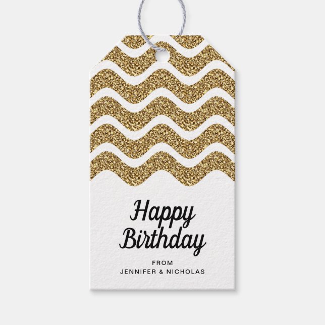 Happy Birthday Imitate Gold Glitzer White Geschenkanhänger (Vorderseite)